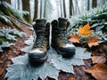 Serene Forest Path Winter Hiking Boots Embrace Nature s Cozy Warmth.AI Generated Royalty Free Stock Photo