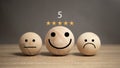 The concept of service satisfaction Smiley face ball with 5 star rating placed on wooden table Satisfaction with the service