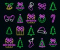 Concept set of christmas 20 icon, neon glow style, happy new year and merry christmas flat vector illustration, isolated on black Royalty Free Stock Photo