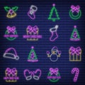 Concept set of christmas 16 icon, neon glow style, happy new year and merry christmas flat vector illustration, isolated on brick Royalty Free Stock Photo