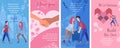 Concept, set of four love posters, falling in love, quarrel, building relationships. Isolated vector illustrations on