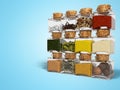 Concept set of spices in glass bottles 3D render on blue background with shadow