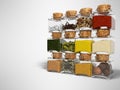 Concept set of spices in glass bottles 3D render on gray background with shadow Royalty Free Stock Photo