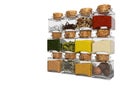 Concept set of spices in glass bottles 3D render on white background no shadow