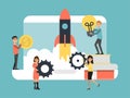 Concept set up successful business, idea success strategy using technology in teamwork, design, flat vector illustration Royalty Free Stock Photo