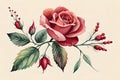 Set watercolor elements of roses collection garden red, burgundy flowers, leaves, branches, botanic illustration isolated on white Royalty Free Stock Photo