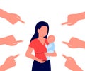 Concept of shame, ridicule, discussion of mom with child. Mother with baby in her arms and pointing fingers. Society