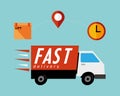 Concept of the shipping service. Truck van of delivery rides at high speed. Flat vector Royalty Free Stock Photo