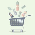 Concept of shopping: blue trolley with detergent,washing powder and sponge for cleaning house, office, restaurant, hotel on light