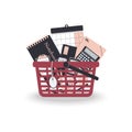Concept of shopping of stationery for school or office.Shopping basket with folders in trendy colours pink navy, pen,pencils, to