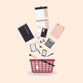 Concept of shopping of stationery for school or office.Shopping basket with goods for school