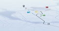 Concept of shortest path to the goal. Abstract navigation plan on city map. Isometric map with intended goal and several