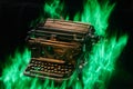 Concept shot of antique manual typewriter with paper burning on black background, selective focus Royalty Free Stock Photo