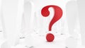 Concept shot for FAQ or `Still questions`. A red question mark between white exclamation marks on white background Royalty Free Stock Photo