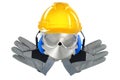 Concept shot of a worker\'s head made of tools and protective gear Royalty Free Stock Photo