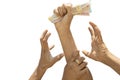 Concept showing of Greed for money, Hands trying to grab money from another perosn hands. Royalty Free Stock Photo