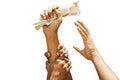 Concept showing of Greed for money, Hands trying to grab money from another person hands Royalty Free Stock Photo