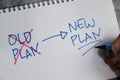 Concept of showing transition from old plan to new plan write on book isolated on Wooden Table Royalty Free Stock Photo