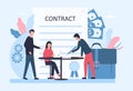 The concept of signing a contract. A business man holds a pencil in his hands and signs it, a business woman shows a signed paper