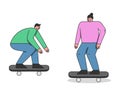 Concept Of Skateboard Riding. Two Teenagers Skateboarders Are Riding Skateboard. Skateboarding Friends