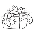 Concept, sketch box tied with a ribbon and a flower does not lie on, cartoon illustration, isolated object on a white background, Royalty Free Stock Photo