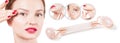 Face lift anti-aging treatment with jade roller. Woman with perfect skin of her face after massage Royalty Free Stock Photo