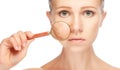 Concept skincare. Skin of woman with magnifier before and after Royalty Free Stock Photo