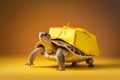 The concept of slow delivery. Close-up turtle with shipping box on a back,Slow delivery on turtle yellow background, AI Generation