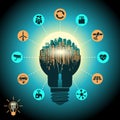 Concept of a smart city, cityscape in silhouette light bulb with advanced smart services, internet of things social networking Royalty Free Stock Photo