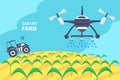Concept of smart farm. Smart farming tech with irrigation drone and unmanned tractor with wi-fi technology. Innovation