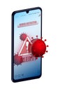 Concept, smartphone with alarm message about virus infection of device. Danger of hacking mobile devices. Isolated vector on white