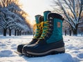 Snow Covered Park Sturdy Winter Boots for Adventurous Explorations.AI Generated