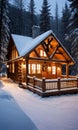 A Snowy Cabin With A Decorated Porch And Warm Interior Lighting. Generative AI