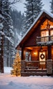 A Snowy Cabin With A Decorated Porch And Warm Interior Lighting. Generative AI