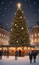 A Snowy City Square Featuring A Grand Christmas Tree Adorned With Twinkling Lights, Surrounded By Wooden Stalls Ill. Generative AI