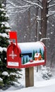 A Snowy Landscape With A Decorated Mailbox Filled With Christmas Card. Generative AI