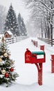 A Snowy Landscape With A Decorated Mailbox Filled With Christmas Card. Generative AI