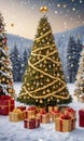 A Snowy Landscape Featuring A Grand Christmas Tree Adorned With Golden Bells, Twinkling Lights, And Surrounded By G. Generative AI