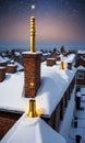 A Snowy Rooftop With A Chimney Adorned With Golden Bells, Captured Under A Starlit Sky. Generative AI Royalty Free Stock Photo