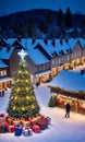 A Snowy Village Square With A Grand Christmas Tree Adorned With Twinkling Lights And Surrounded By Gift Boxes, Capt. Generative AI