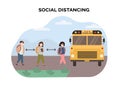 Concept of social distancing at school. Multiethnic, mix race kids maintaining a safe distance when picked up by yellow