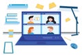 Concept social networking, web, online meetings. Video conference illustration. Workplace, laptop screen, group of people talking