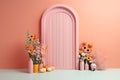 Soft front angle wall, isolated pink barn door, watermelon, arch frame with many colorful flowers, vase flowers, colorful grass. G Royalty Free Stock Photo