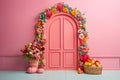 Soft front angle wall, isolated pink barn door, watermelon, arch frame with many colorful flowers, vase flowers, colorful grass. G Royalty Free Stock Photo