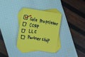 Concept of Sole Proprietor write on sticky notes isolated on Wooden Table