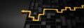 Concept - solving a complex problem. Black maze and floor with yellow solution path with arrow Royalty Free Stock Photo