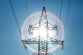 The concept of a source of electricity. Energy industry. High voltage tower with power wires against the background of the sun and Royalty Free Stock Photo