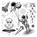 The concept of space travel. Elements of design, logo, and emblem on a white background. Astronaut with balloons. Alien showing