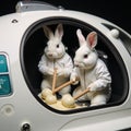 Spacethemed image featuring two rabbit astronauts making mochi using long wooden hammers within their spaceship