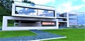 Concept of a spacious countryside house with a white stucco facade, situated in a green, eco-friendly park. 3D rendering